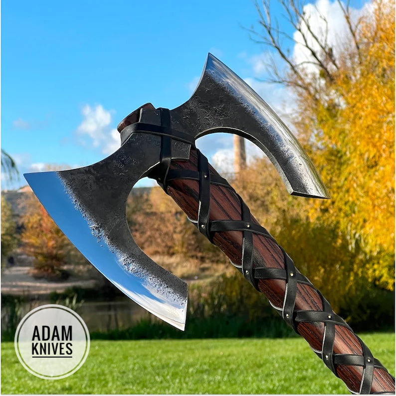 Viking battle Axe forged Two handed axe Custom double headed War axe with leather case & engraving