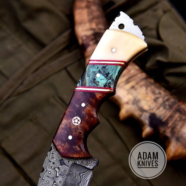 Damascus Steel Gut Hook Hunting Knife w/ Genuine Leather Sheath