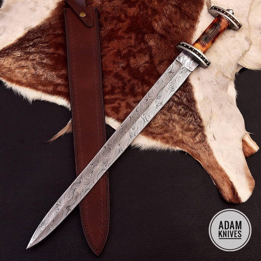 Hand Forged Damascus Steel Sword | Camel Bone Sheesham Wood Handle & Leather Sheath