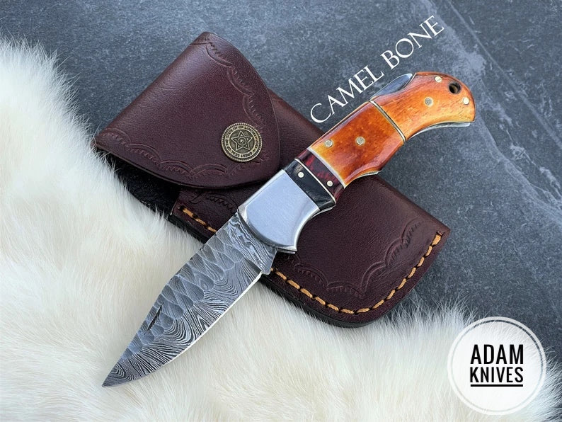 Custom Handmade Damascus Steel Folding Knife With Leather Sheath