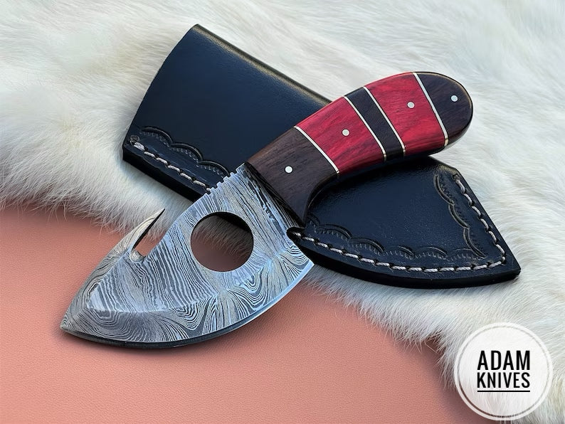 ADAM KNIVES Custom Handmade Damascus Steel Gut Hook Knife With Leather Sheath