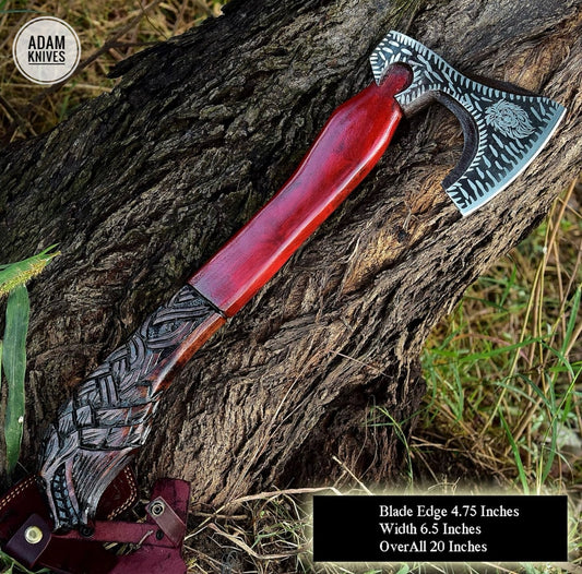 ADAM KNIVES Handmade Gift Forged Carbon Steel Viking Axe With Wooden Box, Camping Hatchet with Rose Wood Shaft