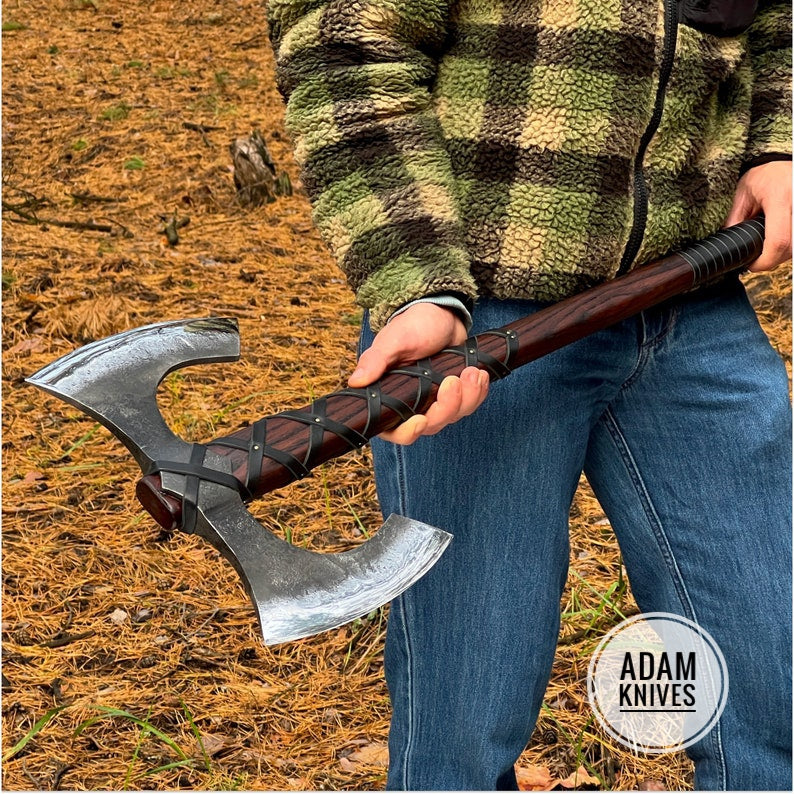 Viking battle Axe forged Two handed axe Custom double headed War axe with leather case & engraving