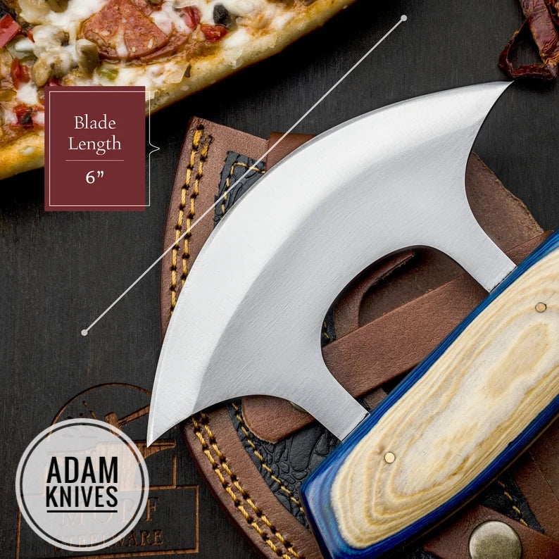 ADAM KNIVES Custom Handmade Steel Ulu Knife With Leather Sheath