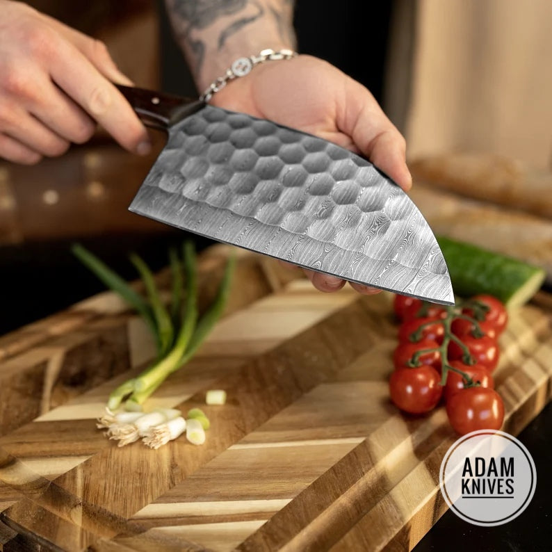 Custom Handmade Damascus Steel Serbian Cleaver Chopper Chef Kitchen Knife Cleaver Comes With Leather Sheath