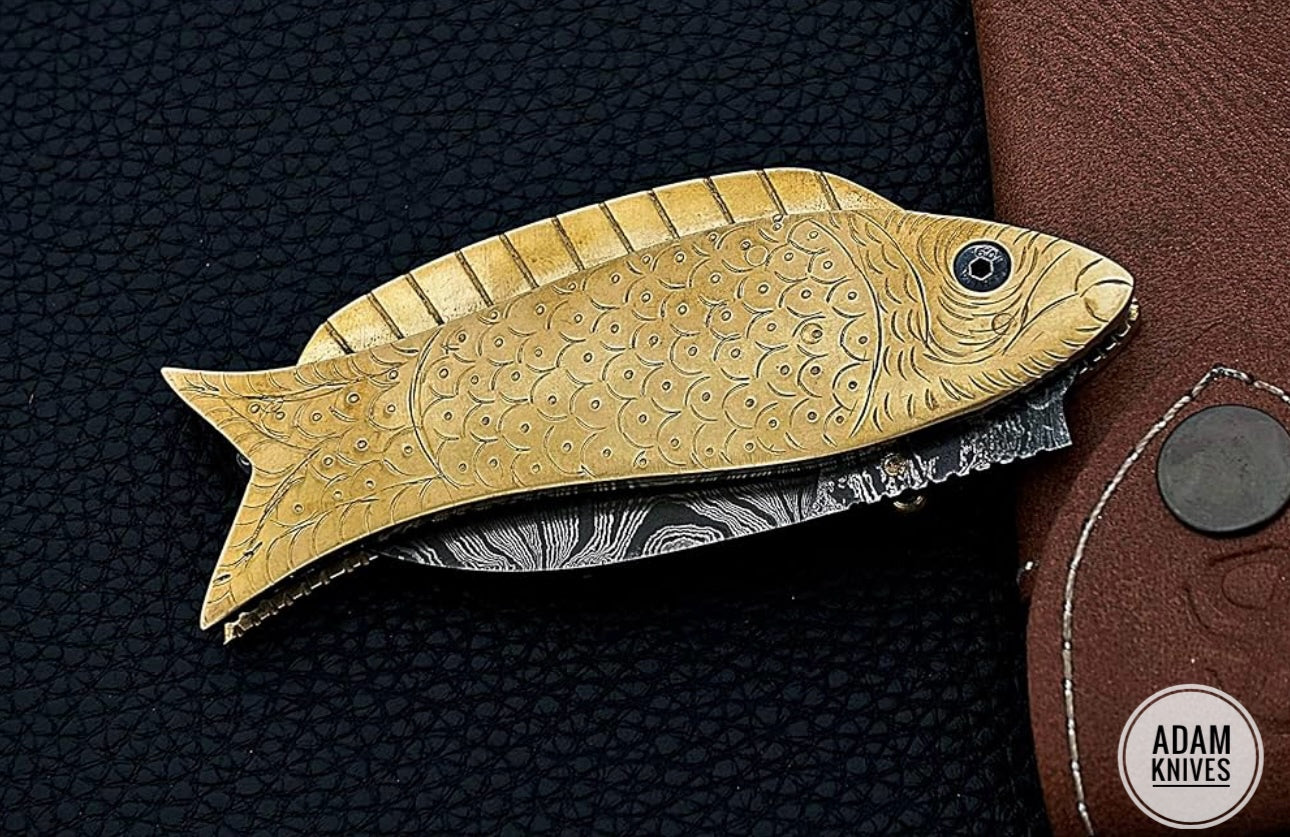 Custom Handmade Damascus Steel Fish Folding Knife With Leather Sheath