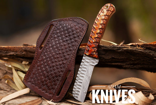 ADAM KNIVES CowBoy Bull Cutter Knife Hand Forged Damascus Steel EDC Knife With Leather Sheath Gift For Him / Her