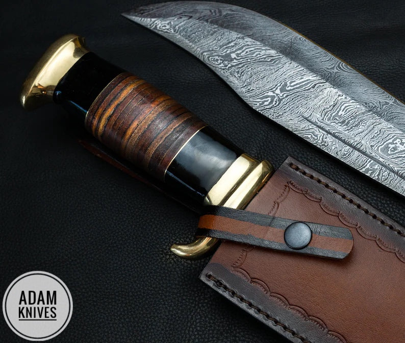 Custom Handmade Damascus Steel Hunting Knife Crocodile Dundee with Leather Sheath