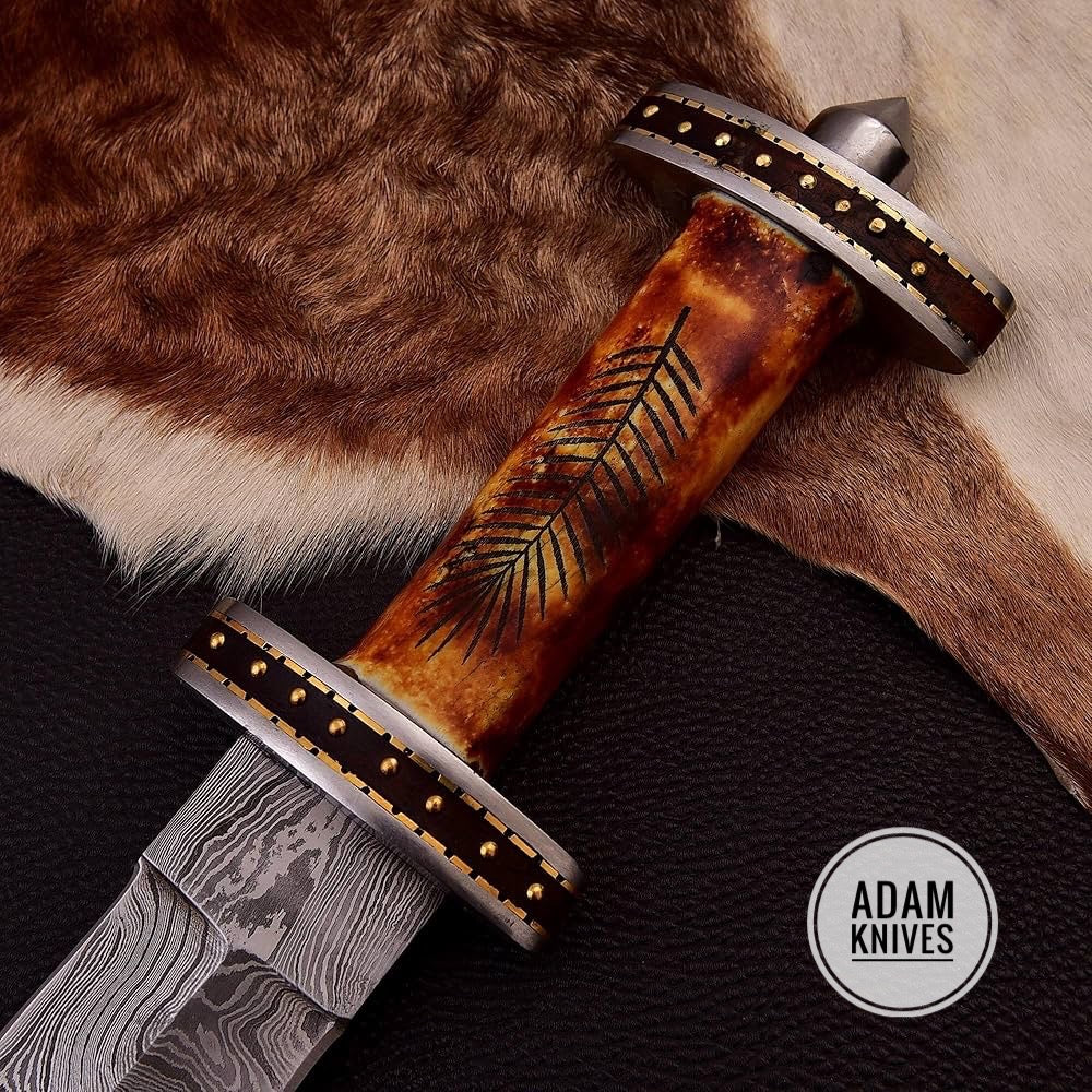 Hand Forged Damascus Steel Sword | Camel Bone Sheesham Wood Handle & Leather Sheath