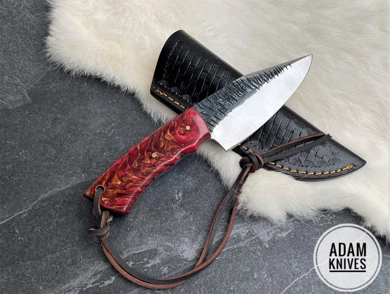 ADAM KNIVES High Carbon Steel Hunting Knife with Leather Sheath, 8'' Full Tang Bushcraft Survival Knife