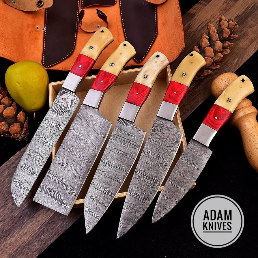 Chef Knife set of 5 Pieces with beautiful leather roll Orange Wooden Sheet, Bone, Steel bolster, Mosaic Pin and Brass Pin (Orange Wood)