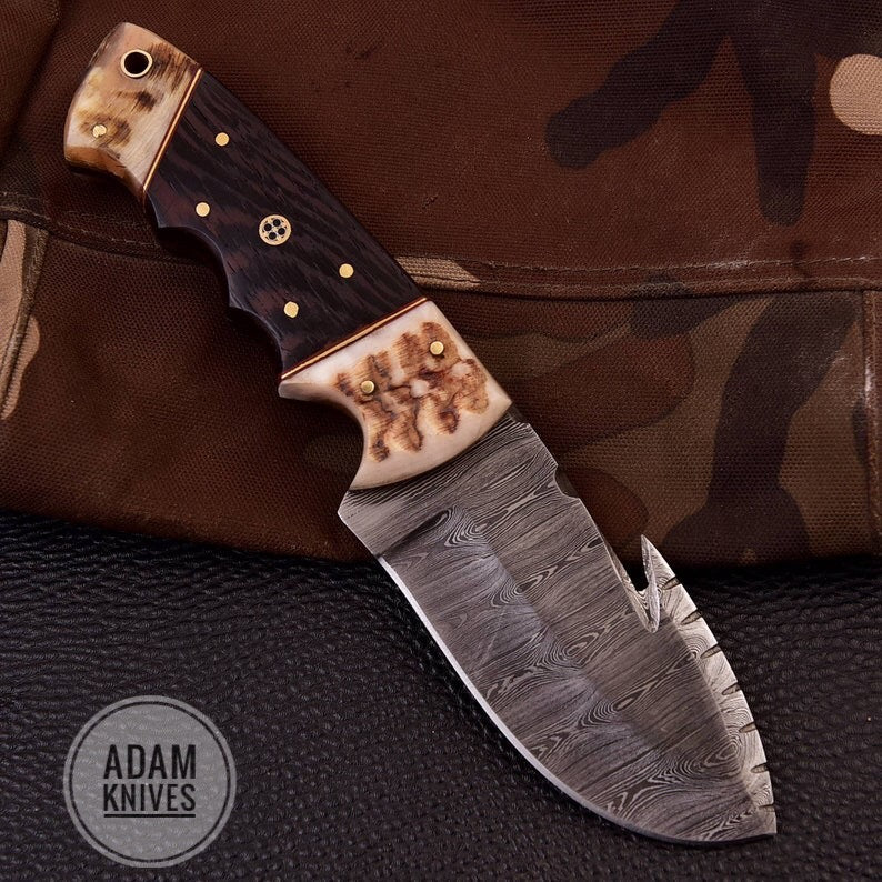 Hunting Knife | Full Tang Functional Fishing Camping Survival Hand Forged Gut Hook Blade Ram Horn Handle