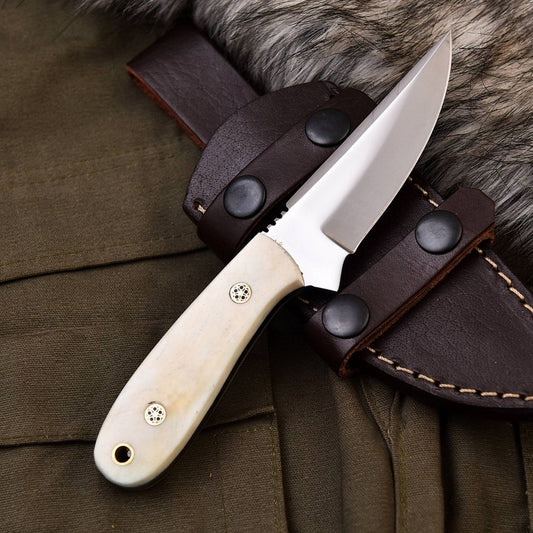 D2 Steel Steel Skinner Hunting Knife With Leather Sheath ( CAMEL BONE Handle) Amazing Gift EDC