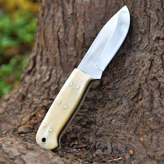 Fixed Blade D2 Steel Steel Skinner Hunting Knife With Leather Sheath ( Scrimshaw Art CAMEL BONE Handle) Amazing Gift EDC