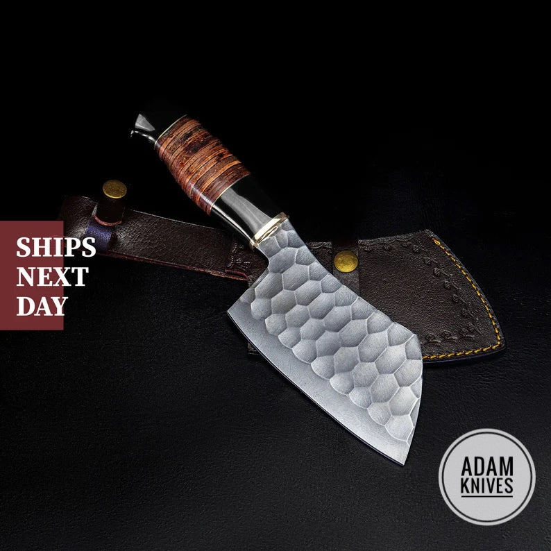 Custom Handmade Damascus Steel Serbian Cleaver Chopper Chef Kitchen Knife Cleaver Comes With Leather Sheath