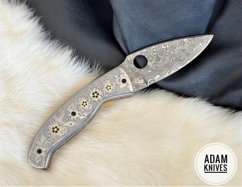 Custom Handmade Damascus Steel Folding Knife With Leather Sheath