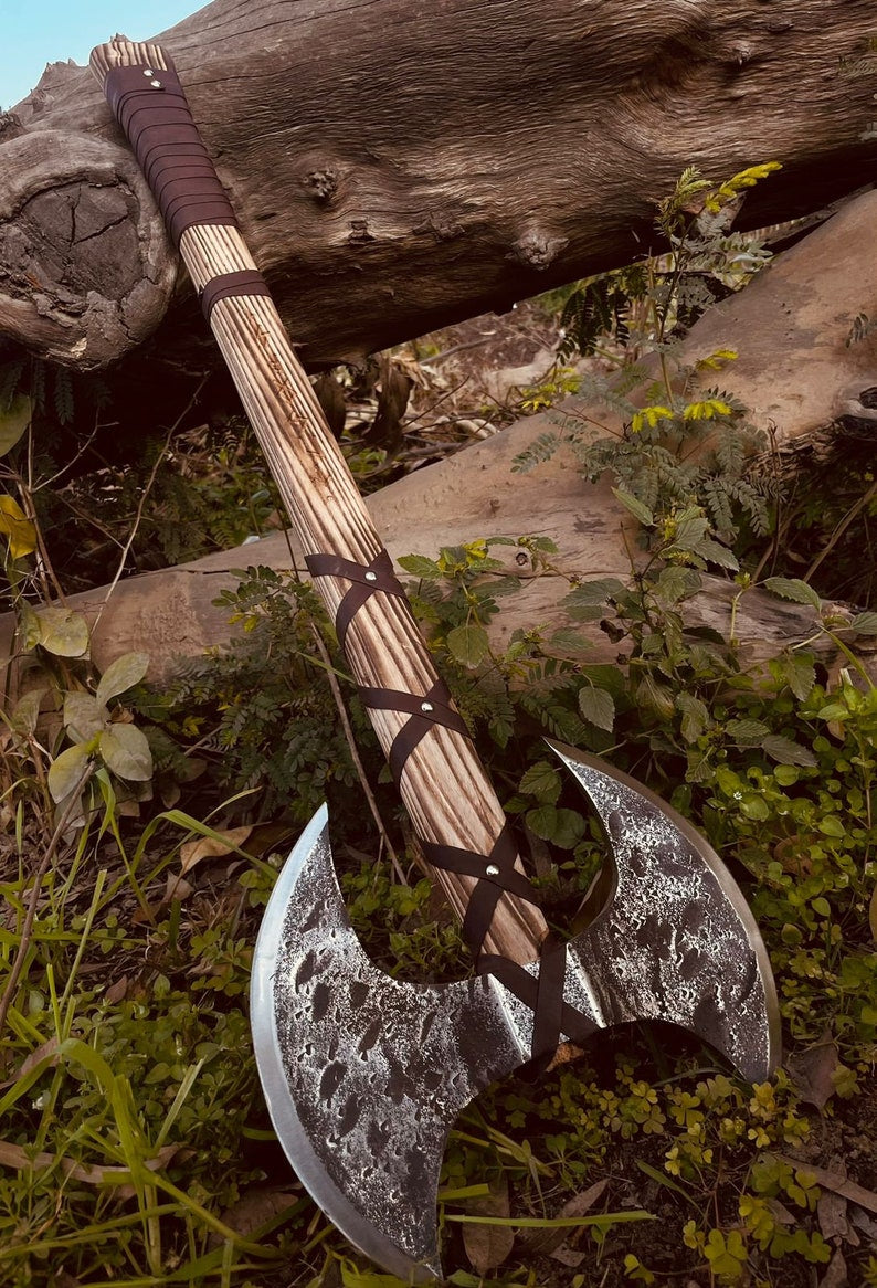 Double Headed Carbon Steel Axe with Ash Wood Shaft, Scandinavian Axe, Norse Battle Axe, With Leather Sheath