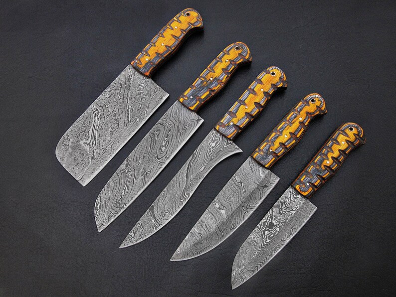 Custom Handmade Damascus Steel With Yellow Color Wood Handles Kitchen Knives Set FR-20021082