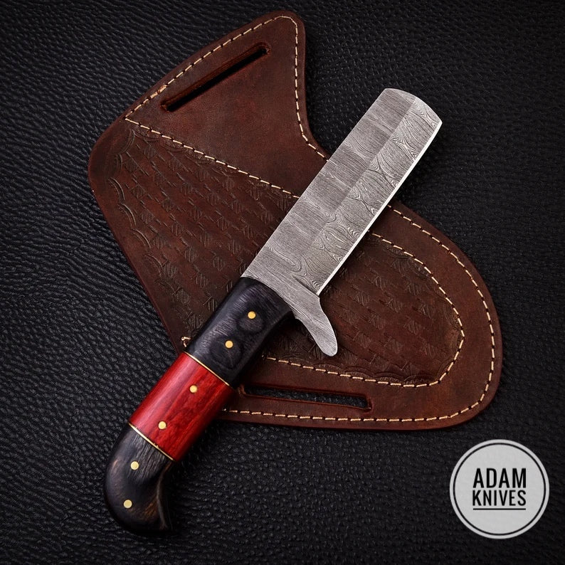 ADAM KNIVES CowBoy Bull Cutter Knife Hand Forged Damascus Steel EDC Knife With Leather Sheath Gift For Him / Her