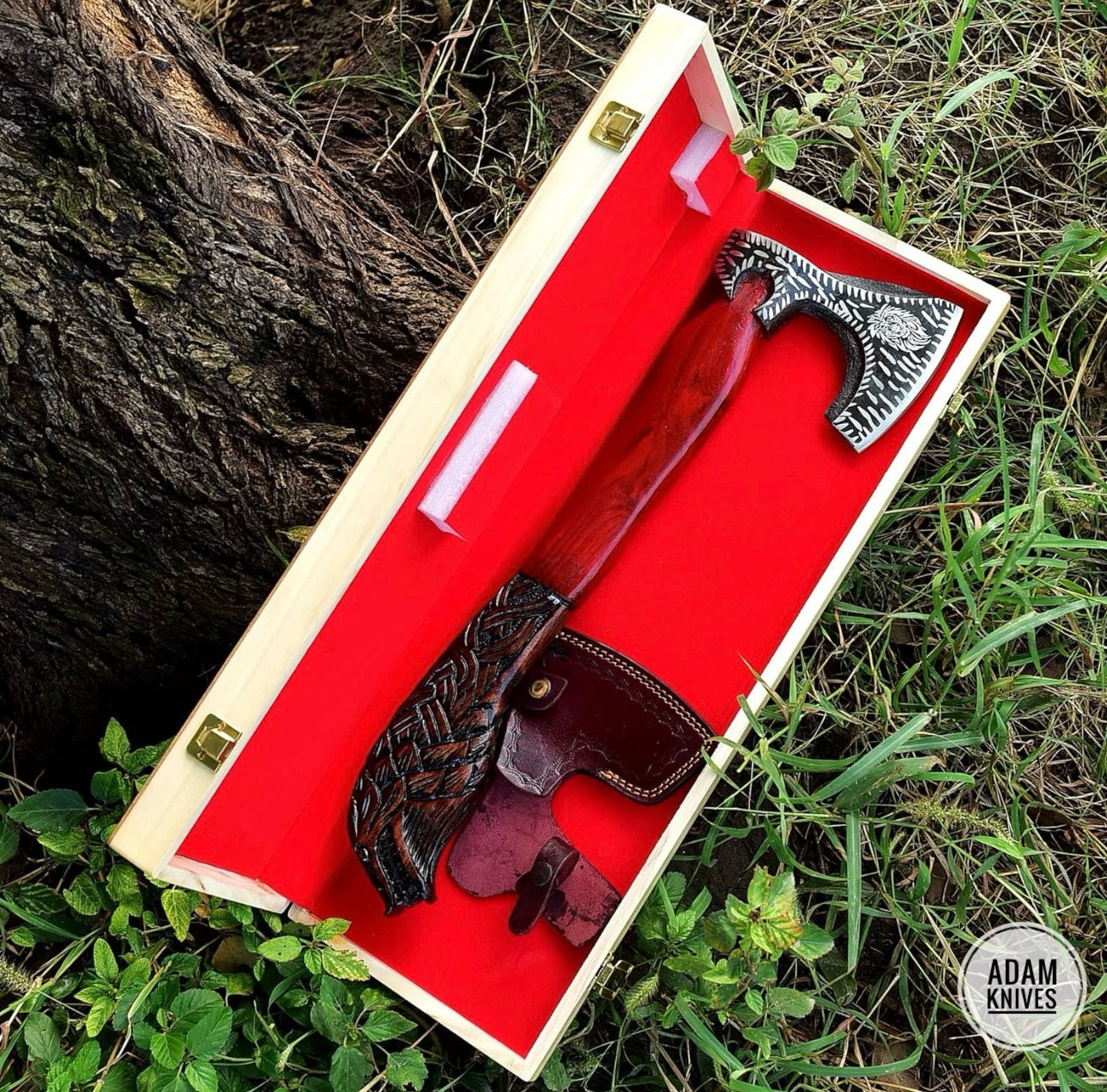 ADAM KNIVES Handmade Gift Forged Carbon Steel Viking Axe With Wooden Box, Camping Hatchet with Rose Wood Shaft