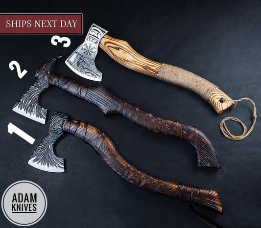 ADAM KNIVES Handmade Gift Forged Carbon Steel Viking Axe, Camping Hatchet with Ash Wood Shaft