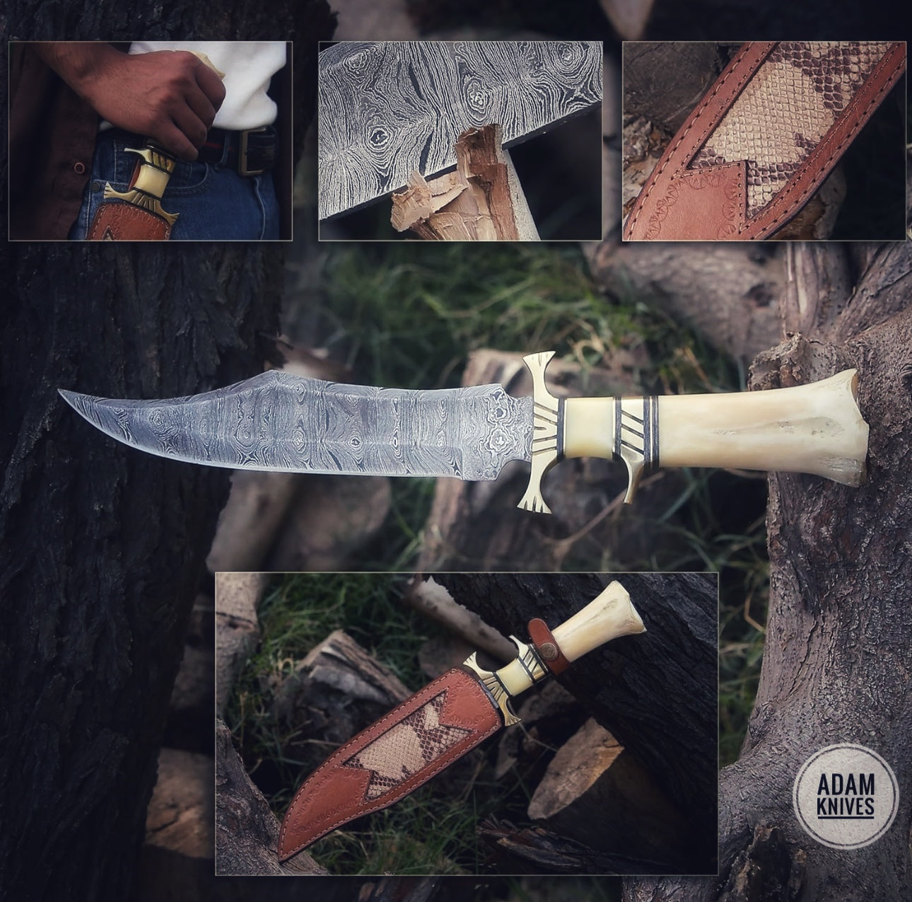 Custom Handmade Damascus Steel Hunting Bowie Knife With Leather Sheath