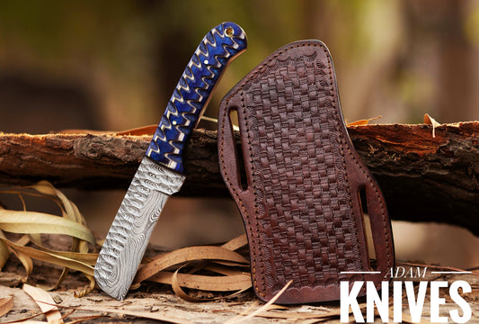 ADAM KNIVES CowBoy Bull Cutter Knife Hand Forged Damascus Steel EDC Knife With Leather Sheath Gift For Him / Her