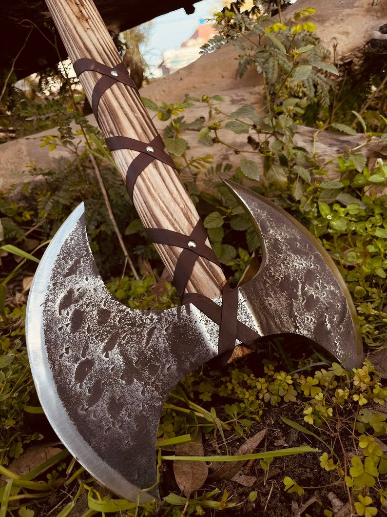 Double Headed Carbon Steel Axe with Ash Wood Shaft, Scandinavian Axe, Norse Battle Axe, With Leather Sheath