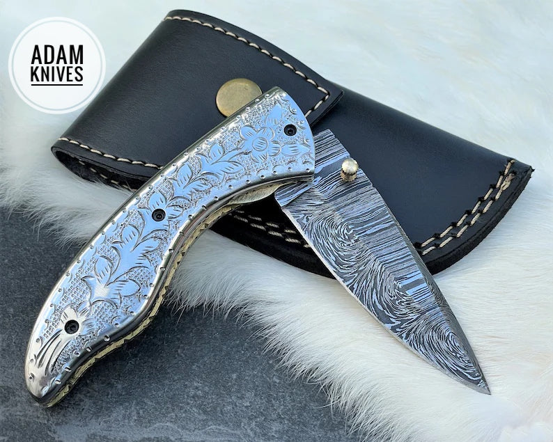 Custom Handmade Damascus Steel Folding Knife With Leather Sheath