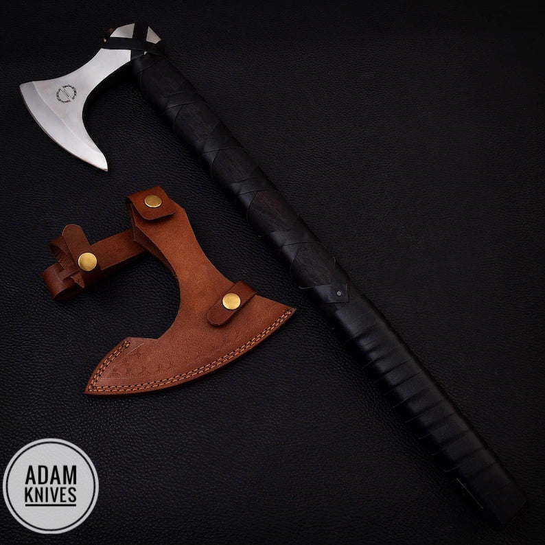 ADAM KNIVES Handmade Gift Forged Carbon Steel Viking Axe, Camping Hatchet with Ash Wood Shaft ( Axe)