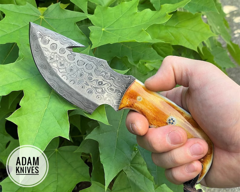 ADAM KNIVES Custom Handmade Damascus Steel Gut Hook Knife With Leather Sheath