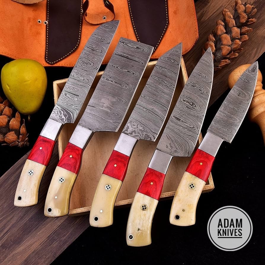 Chef Knife set of 5 Pieces with beautiful leather roll Orange Wooden Sheet, Bone, Steel bolster, Mosaic Pin and Brass Pin (Orange Wood)