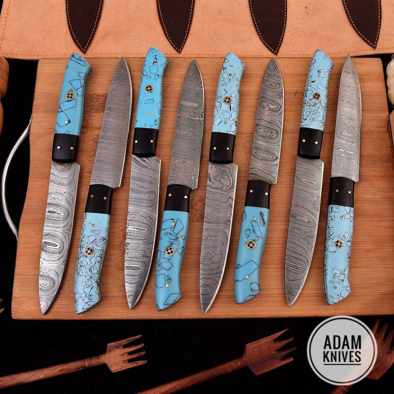 Handmade kitchen knives 8 piece Steak Knives, HandForge chef knives, BBQ knives