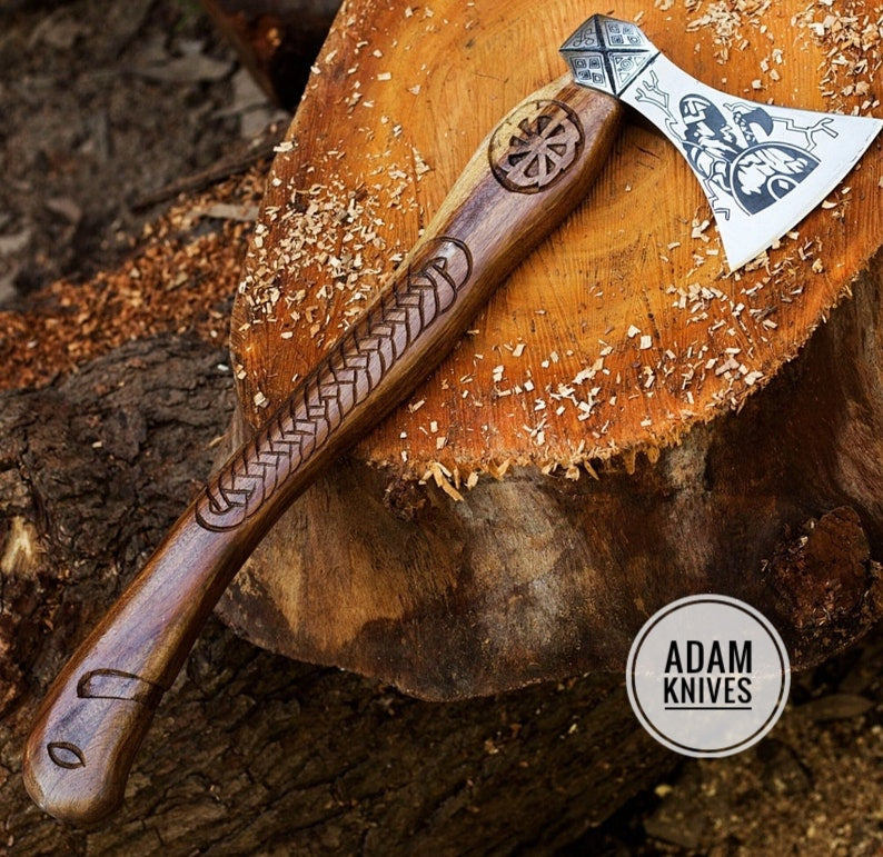 Stunning MDM Viking Axe, Custom Handmade Engraved High Carbon Steel Axe with Leather Sheath, Custom Gift Forged Carbon Steel Viking Axe