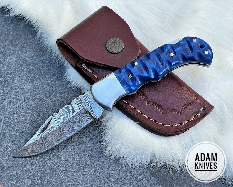 Custom Handmade Damascus Steel Folding Knife With Leather Sheath