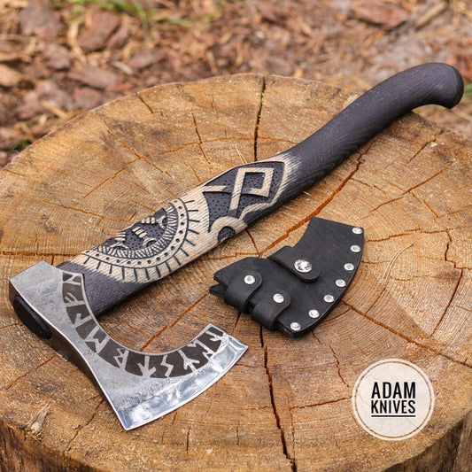 Custom Axe Viking Hatchet, Beard Axe with Box, Engraved Battle Axe, Hatchet gift with Helm of Awe carved handle