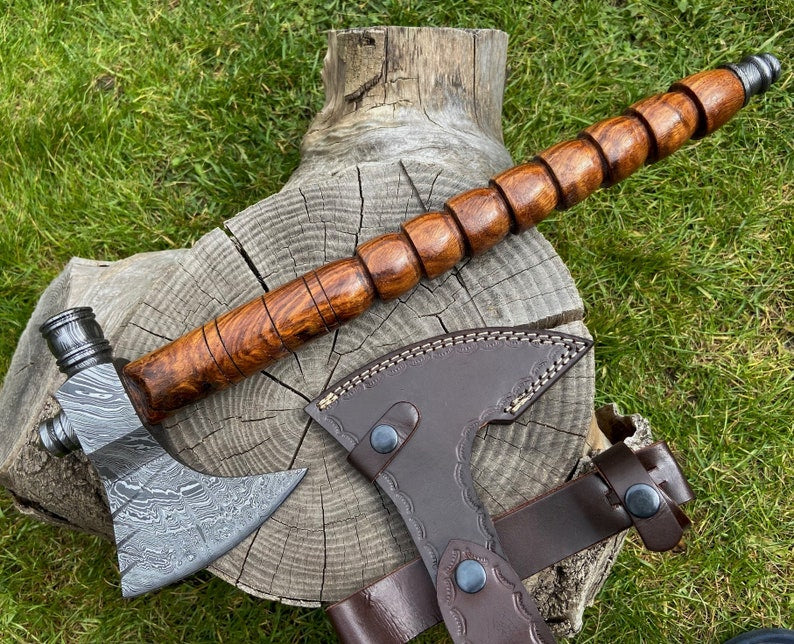 Handmade Damascus Steel Axe Vintage Style Camping With Leather sheath