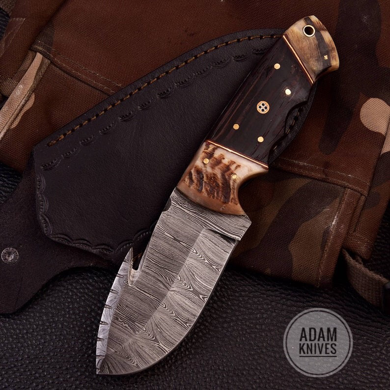 Hunting Knife | Full Tang Functional Fishing Camping Survival Hand Forged Gut Hook Blade Ram Horn Handle