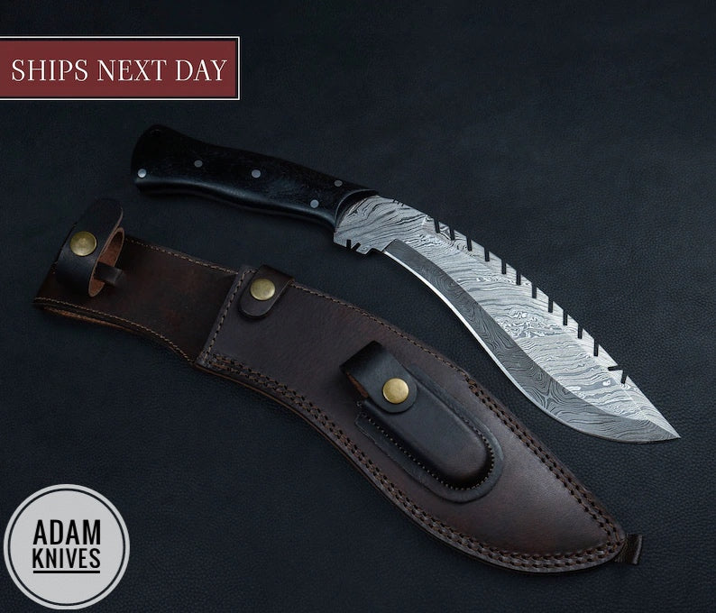 Custom Handmade Damascus Steel Kukri Knife With Leather Sheath