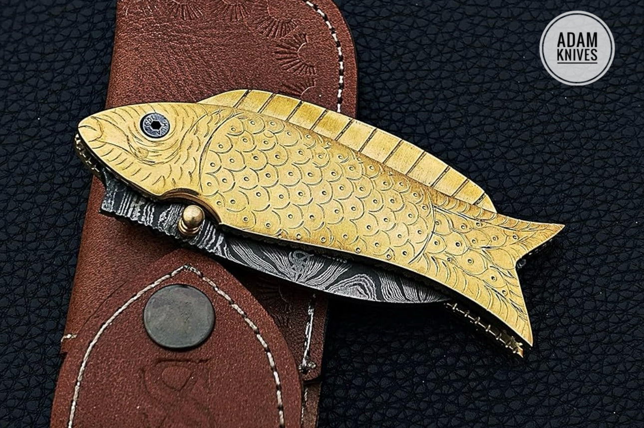 Custom Handmade Damascus Steel Fish Folding Knife With Leather Sheath