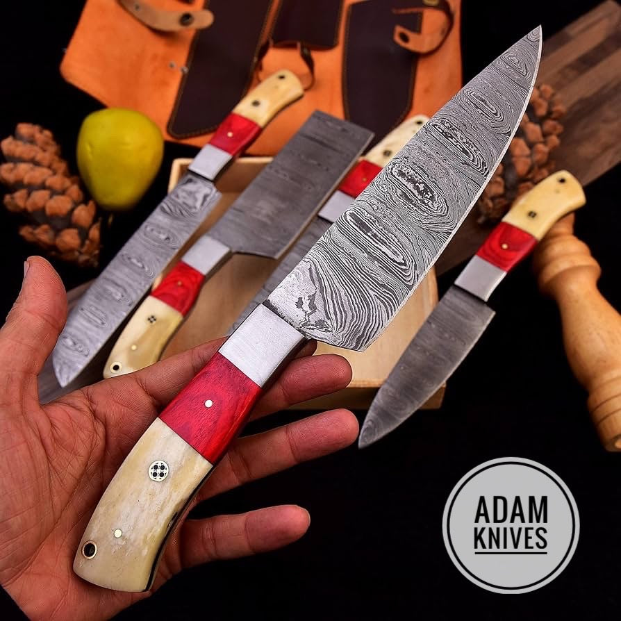 Chef Knife set of 5 Pieces with beautiful leather roll Orange Wooden Sheet, Bone, Steel bolster, Mosaic Pin and Brass Pin (Orange Wood)