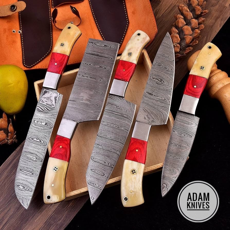 Chef Knife set of 5 Pieces with beautiful leather roll Orange Wooden Sheet, Bone, Steel bolster, Mosaic Pin and Brass Pin (Orange Wood)