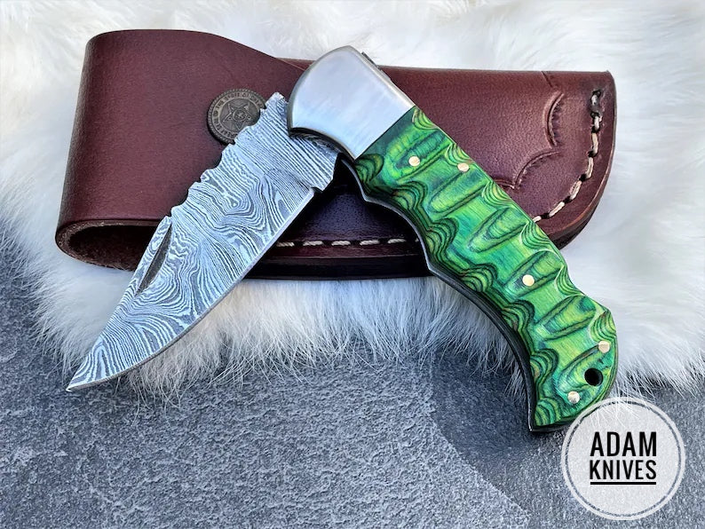 Custom Handmade Damascus Steel Folding Knife With Leather Sheath