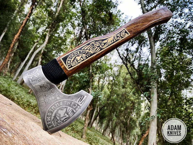 Handmade Gift Forged Carbon Steel Viking Axe, Camping Hatchet with Rose Wood Shaft