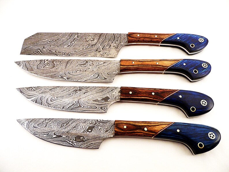 Custom Hand Made Damascus Steel Kitchen Knives Set/Chef Knives Set/BBQ Knife 4-Pieces Set (Cognac and Blue Colored Wood)