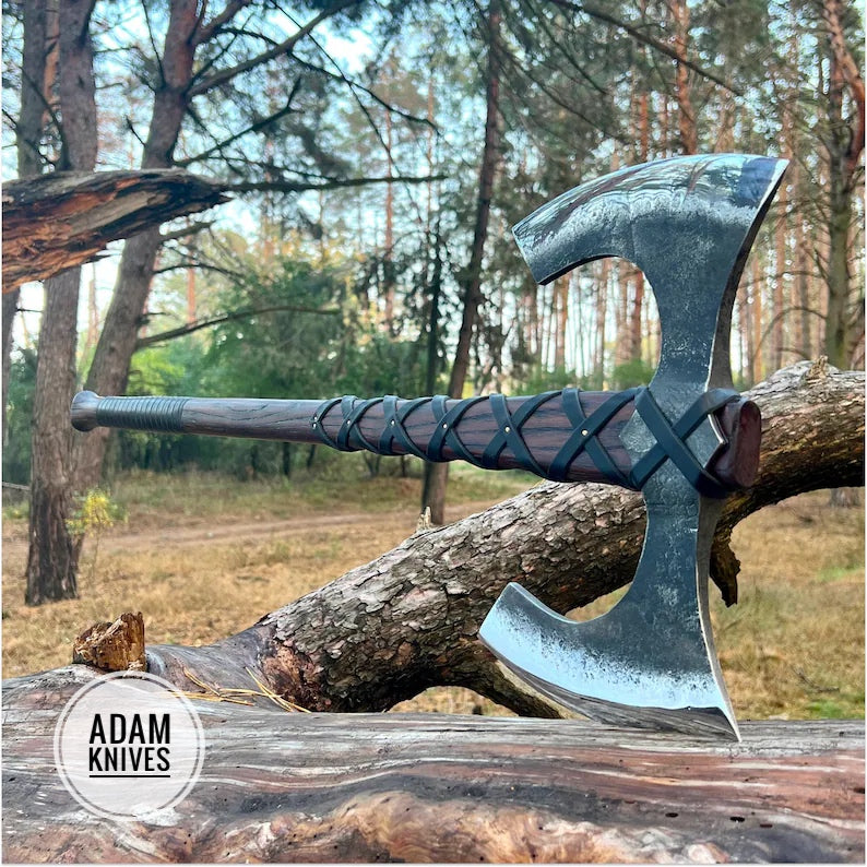 Viking battle Axe forged Two handed axe Custom double headed War axe with leather case & engraving