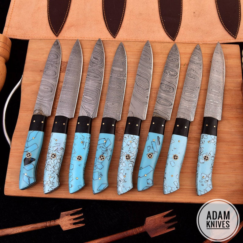 Handmade kitchen knives 8 piece Steak Knives, HandForge chef knives, BBQ knives