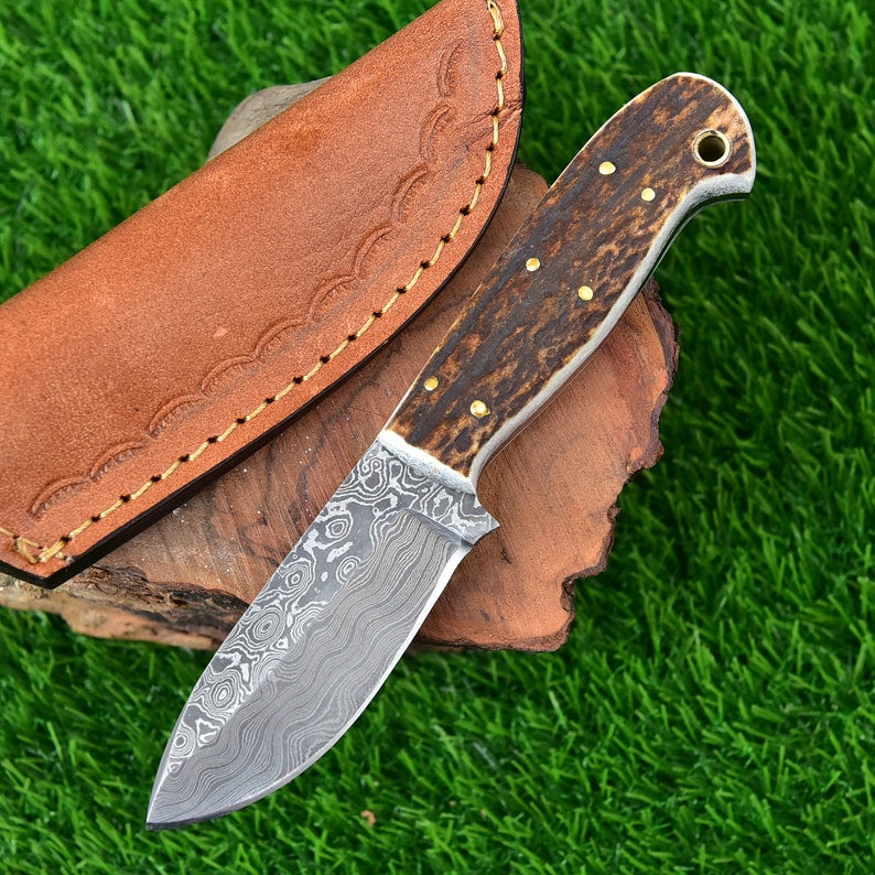 Best Antler Horn Handle Skinner knife With Leather Sheath Cover