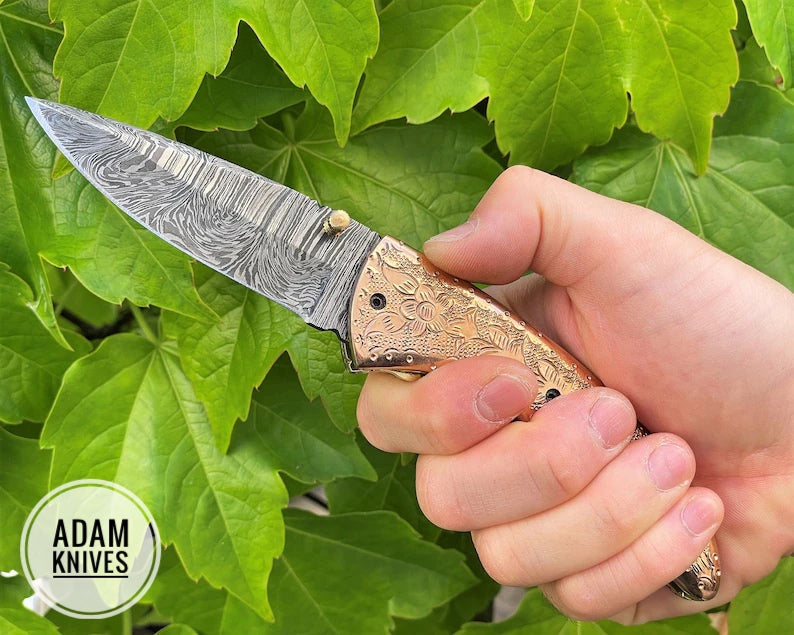 Custom Handmade Damascus Steel Folding Knife With Leather Sheath