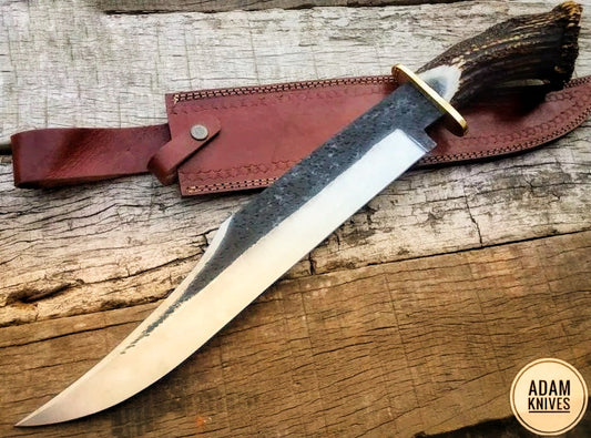 Custom Handmade CarbonSteel Stag Horn Hunting Bowie Knife With Leather Sheath